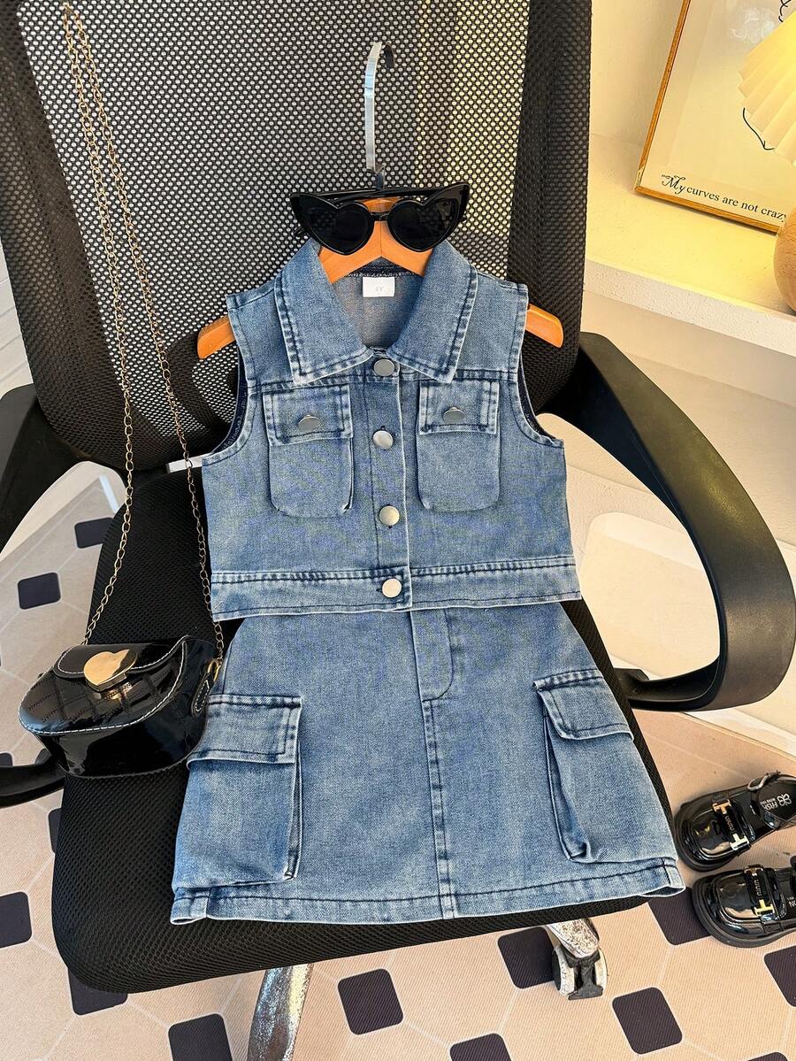 3件套女童夏季时尚优雅街头风蓝色领衬衫、配套蓝色半裙和蓝色渔夫帽套装，适合街头、拍照和上学穿着。 - 淺色水洗藍 - 查看 1