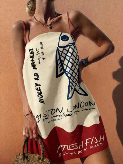 Starfish Shiny New Bohemian Style Casual Beach Dress Women's Multicolor Spaghetti Strap Short A-Line Dress Set, Regular Fit Party