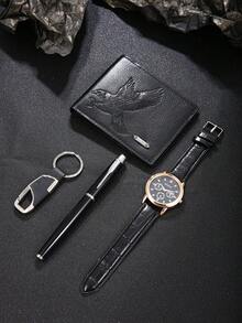 Bộ quà tặng 4 món dành cho nam giới gồm ví mỏng nhẹ tối giản, đồng hồ đeo tay thời trang, móc khóa và bút, món quà hoàn hảo cho Ngày của Cha, sinh nhật, kỷ niệm. - màu đen - Xem 2