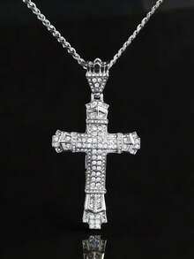 Iced Out Crown Cross Pendant Necklace, Stainless Steel Material, Unisex - Silver - View 4