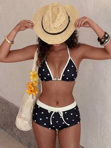 女士复古黄色波点印花撞色比基尼泳装套装，适合外出、生日派对、日常休闲穿着，Y2K风格，2000年代风格，优雅，街头风，度假，沙滩装，黑色夏季 - 黑色 - 查看 3