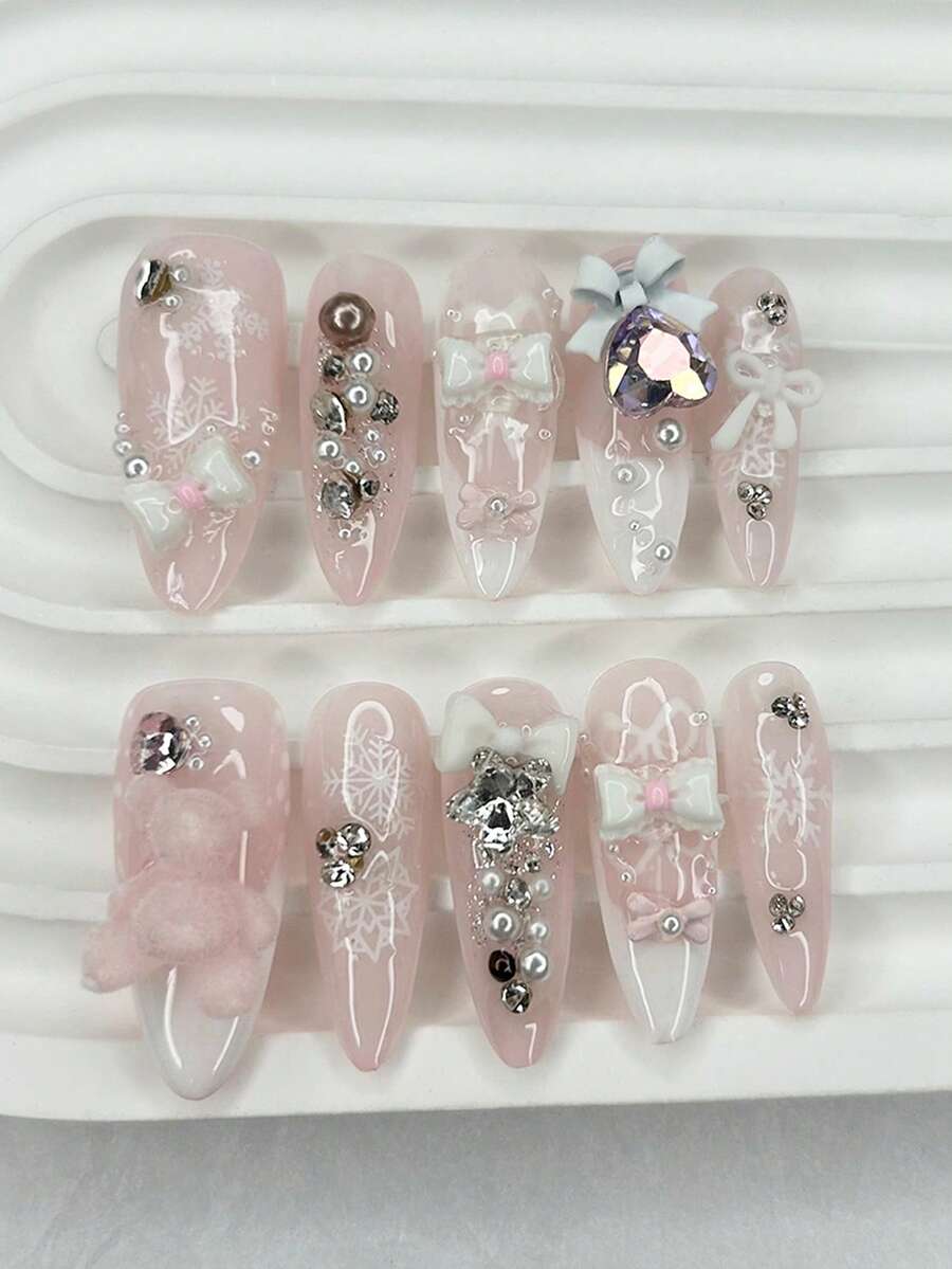 10 Pieces Sweet Cute Girly Snowflake Glitter Diamonds Handmade Press On Nails 3D Teddy Bear Bow Fake Nails Removable Reusable Fake Nails Nail Supplies(1 Sheets Jelly Stickers+1PC Nail File) ﻿ - Pink - View 1