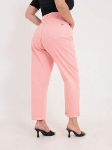 Calça Feminina Sarja Mom Bolso Detalhe Elástico Funcional Barra Dobrada Estilo Clássico Básica Luxo Social Cós Alto Candy Color Confortável Dia a Dia Escritório Noite Festa Rosa Liberdade de Movimento - Rosê - Visão 5