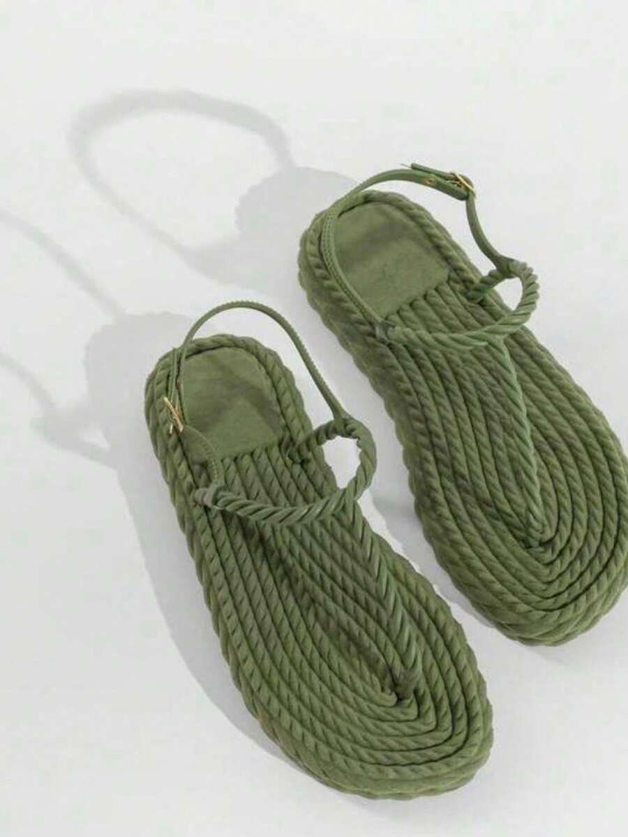 Braided Flip-Flops With Straps, Two-Strap Platform Sandals, Comfortable Sandals For Carnival. - 苔綠色辮子 - 查看 1