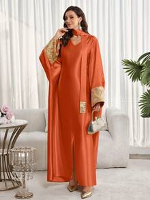 Women's V-Neck Jacquard Cuff Loose Elegant Arabic Style Dress With Scarf, Luxury Ladies Abaya Robe, Luxury Kaftan And Jalabiya, Wedding Party Dress, Summer Holiday Outfit - Burnt Orange - View 5
