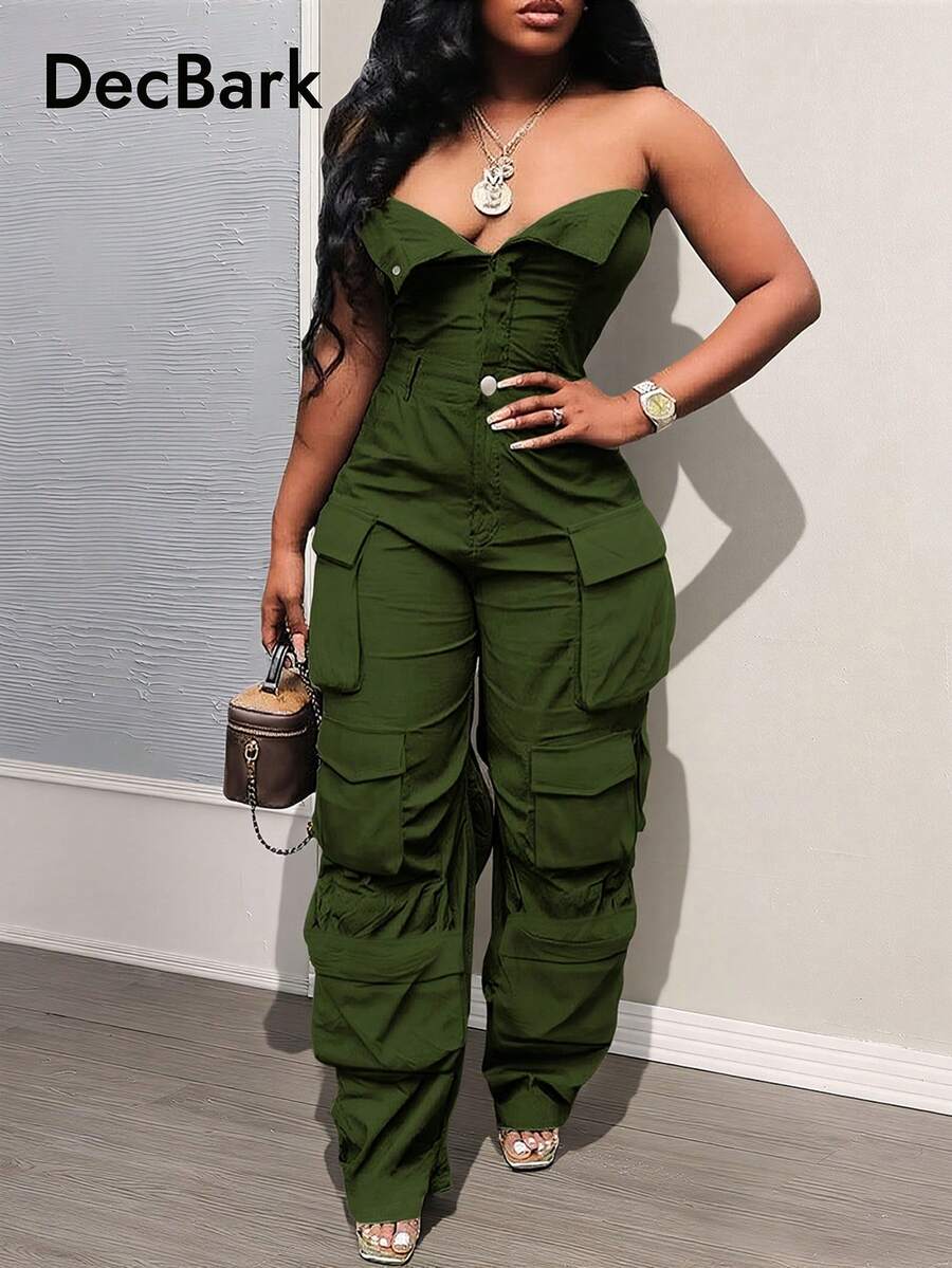 Sexy Halter Jumpsuit Women, American Cargo Style Style, High Waist Wide Leg Slimming Jumpsuit With Multiple Pockets, Suitable For Spring And Autumn Summer Elegant - Army Green - View 1