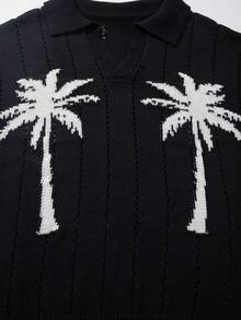 Polo col chemise à demi-patte de boutonnage, motif d'arbre de noix de coco, décontracté pour les vacances et les trajets, blocs de couleurs, mode, confortable, léger, manches courtes, tricot, noir, printemps/été - Noir - Voir 6