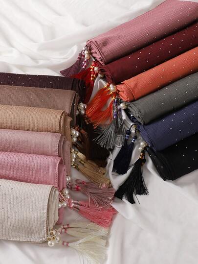 200cm*85cm Plus Size Luxurious Rhinestone Embellished Modest Hijab Pleated Plaid Tassel & Pearl Pendant Breathable Solid Color Muslim Hijabs