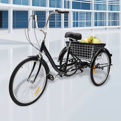 SHIOUCY Black White 24in Adult Tricycle 8 Speed 264.55lbs Load 55.1lbs Basket 43.7-46.7in Handlebar For Shopping Leisure Recreation Exercise Travel Commuting