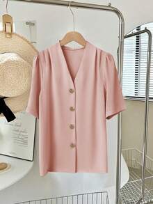 Freeform Reminder: (Recommend Choosing One Size Smaller As The Size Tends To Run Large) New Spring/Summer Women's V-Neck Shirt, Autumn/Winter Cardigan Blouse, Elegant Business Casual Vacation Chic Versatile Slim Cute Top, Retro Korean Style - Baby Pink - View 4