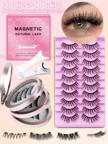 Waloshow 3 Pairs Of CC Curled Magnetic Eyelashes Set And 8-10 Pairs Of False Eyelashes Combo Set, Includes Magnetic Clips, Mixed Styles, No Glue Needed, Natural & Realistic, Reusable, 7-12mm Faux Mink Lashes, Suitable For Daily Wear, Waterproof, Cartoon Style, Extended Outer Corner Design, Enlarges Eyes, Thin & Long, Ideal For Travel, Beach Vacation, Camping - Natural Lashes - View 4