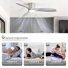 Sofucor 52-Inch Brushed Nickel Reversible Ceiling Fan With 18W 3-Color Dimming Adjustable Light With Memory Function Timer Noiseless 6 Speeds Flush Mount Ceiling Fan Light Kit W/Remote For Bedroom Porch - 灰色 - 查看 6