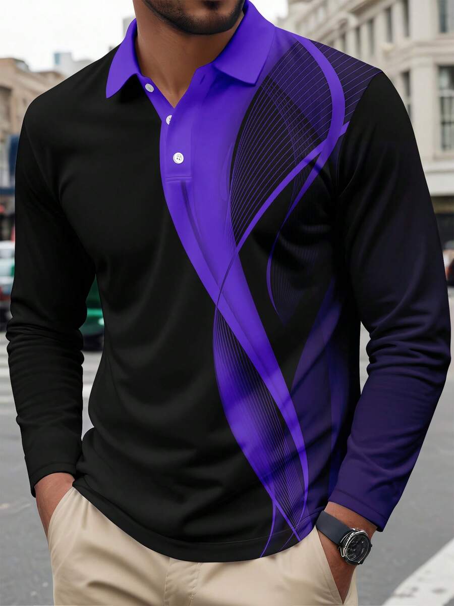 Men's Striped Casual/Business Long Sleeve Polo Shirt, Autumn - 紫色 - 查看 1