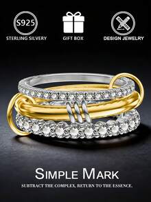 Juego de anillos apilables de plata de ley de dos tonos 925, anillos de plata con incrustaciones de circonita cúbica multicapa, minimalista y versátil para uso diario/caja de regalo - Plateado - Ver 2