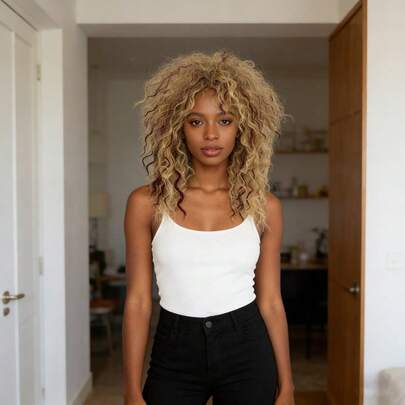 Blonde & Auburn Ombre Curly Wair Fluffy Layered Synthetic Wig Perfect For Daily Errands & Dates