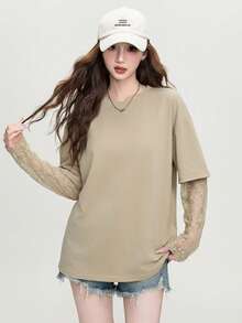 JUTU Khaki Romantic Loose Round Neck Lace Patchwork Sleeve 2 In 1 Solid Color Spring Women Long Sleeve T-Shirt Summer Casual - 2A11 Khaki - View 6
