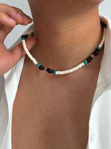 1件复古圆形木珠不对称CCB椰壳米珠吊坠项链，哥特朋克风，休闲简约风，街头风，摇滚派对风，男女皆宜的个性化百搭时尚项链礼物 - 項鍊 - 查看 3