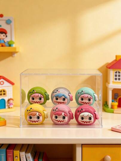 1pc Mini Display Cabinet For Baby Room, Transparent Visible Box With 6 Cute Figurines, Detachable Lid Design For Easy Access, Includes 6 Anti-Tipping Self-Adhesive Stickers, No Green Grass Mat Included, Baby Room Decor, Newborn Gift, Christmas/Eid Gift, Mini