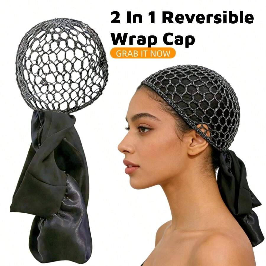 2-In-1 Multifunctional Hair Net, Includes Sleep Cap, Adjustable Wrap Cap Bonnet,Hair Net Cap, Satin-Edged Sleep Cap And Crochet Hair Band, Travel Essential, Convenient For Creating Various Hairstyles, Ideal Daily Hair Care Choice, Comfortable And Easy To Use - 黑色 - 查看 1