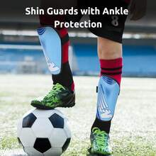 Espinilleras de fútbol para niños jóvenes – Espinilleras para niños pequeños, niñas y adolescentes de 2 a 18 años con protección de mangas de tobillo – Espinilleras de fútbol con correa ajustable - Azul - Ver 5
