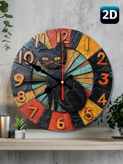 1 szt. 10"/12" zegar ścienny z motywem czarnego kota, cichy, 2D, płaski, aluminiowy, metalowy, zasilany bateryjnie, zestaw do samodzielnego montażu, idealny do zimowej dekoracji przedpokoju i jako prezent wielkanocny dla chłopców, zegar ścienny