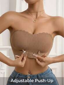 Chic Mocha Ribbed Strapless Bandeau Bra | Front Buckle Push Up Scalloped Trim Invisible Bra For Off-Shoulder Outfits, Scalloped Trim Strapless Bandeau Bra | Mocha Ribbed Front Buckle Push Up Invisible Bra For Chic Outfits Spring - Brown - View 1