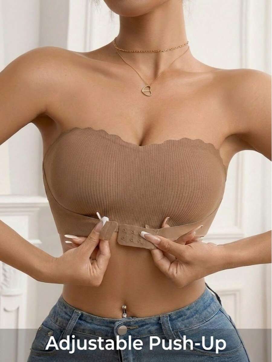 Chic Mocha Ribbed Strapless Bandeau Bra | Front Buckle Push Up Scalloped Trim Invisible Bra For Off-Shoulder Outfits, Scalloped Trim Strapless Bandeau Bra | Mocha Ribbed Front Buckle Push Up Invisible Bra For Chic Outfits Spring - Brown - View 1