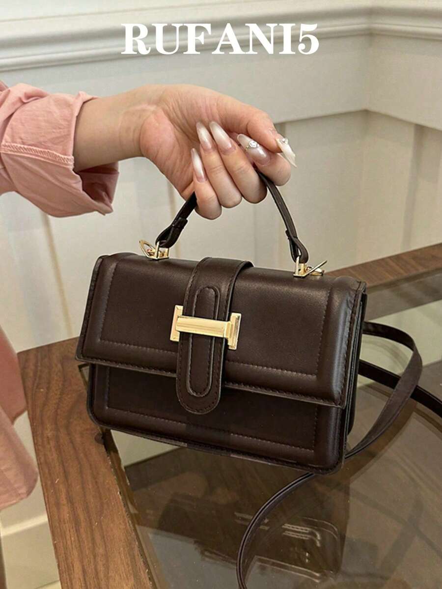 复古纯色极简金属锁扣方形单肩斜挎包，带迷你手提包，适合少女、大学生、年轻职业女性，可用于办公室、大学、工作、商务、通勤、户外、旅行等场合，复古风格女包，新年礼物佳选