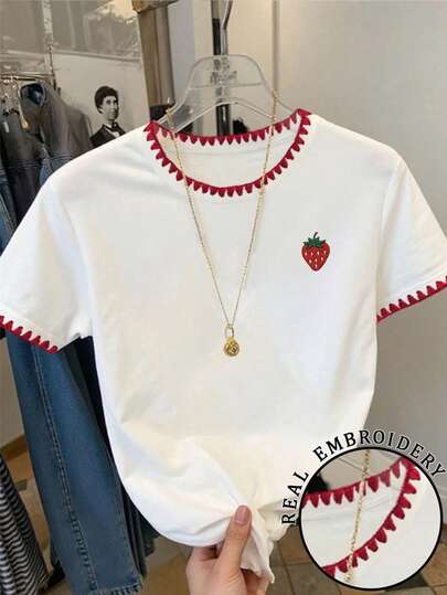 百搭草莓刺绣图案女士休闲圆领短袖T恤，夏季度假沙滩装扮 白色