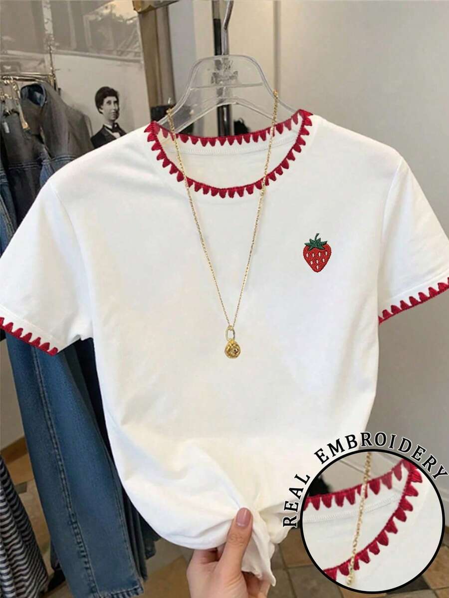百搭草莓刺绣图案女士休闲圆领短袖T恤，夏季度假沙滩装扮 白色 - 白色 - 查看 1