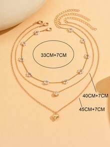 3pcs/Set Fashionable Gold Chain Necklace With Crystal Heart Pendant, Versatile Jewelry For Daily Wear, Dates, Parties, Music Festivals - Golden - View 4