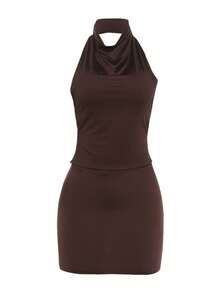 性感露背吊带上衣和紧身迷你裙两件套 - 咖啡棕 - 查看 10