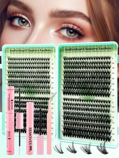 640簇超浓密睫毛套装 30D/40D/50D D型卷翘 8-18mm | 蓬松可重复使用的仿貂毛簇状睫毛 | 含粘合剂、镊子和刷子，方便在家DIY嫁接睫毛