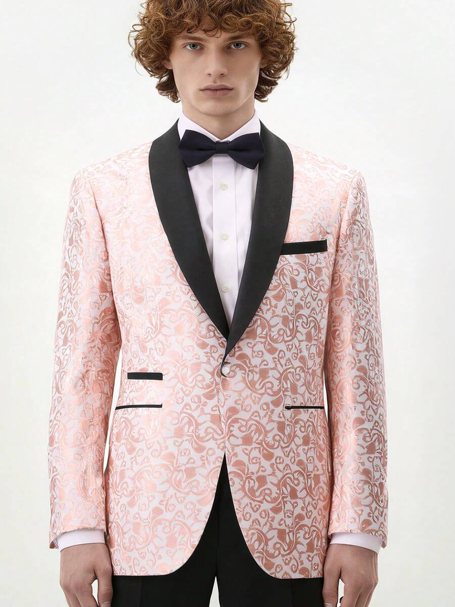 Men's Luxury Floral Jacquard Tuxedo Blazer, Black Satin Lapel Slim Fit Formal Dinner Jacket, Single Suit Coat For Wedding Prom Party Event - 粉色 - 查看 1