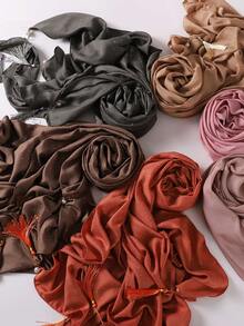 200厘米*85厘米加大码奢华水钻装饰端庄褶皱格纹流苏珍珠吊坠透气纯色穆斯林头巾 - 彩色 - 查看 5