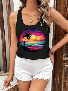 Women'S Tropical Beach Print Tank Top - Vibrant Sunset & Palm Tree Design, Casual Sleeveless Tank For Spring & Summer, Lightweight Polyester Fabric, Perfect For Casual Attire - White - View 11