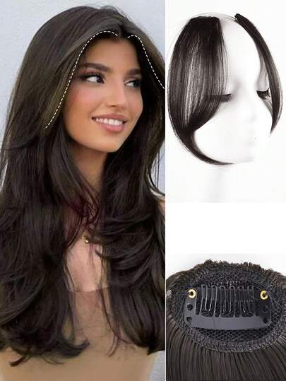 2 pièces Frange française en fibre synthétique résistante à la chaleur, frange sur le côté, frange à clipser, frange ondulée avec raie au milieu, frange naturelle effilée, frange invisible sans couture et peau-friendly, pour femmes