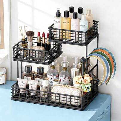 [Metal Vanity Stand] 1-Piece No-Assembly Lightweight Metal Cosmetics Organiser - Vanity Stand With Three-Tier Mesh Storage Compartments, Space-Saving Countertop Bathroom Rack. Ideal For Organising Lipsticks, Skincare Products, Makeup Brushes, Bottles And Jars, And Perfumes. Perfect Valentine's Gift For Ladies And Girls.