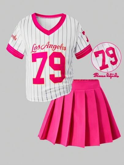 Girls' Casual Sports 2-Piece Set, V-Neck Striped Print Sports Top Paired With White Pleated Skirt, Suitable For Children's Daily Wear, Outdoor, School, And Party In Summer