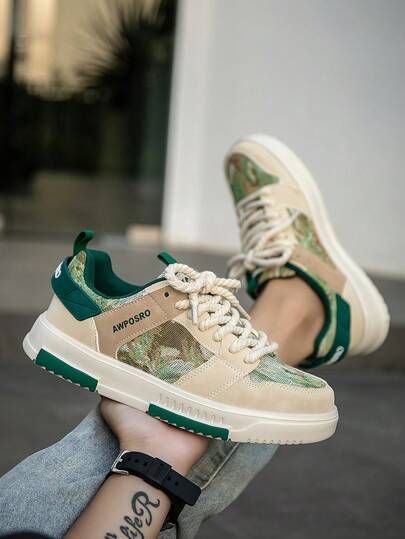 男士时尚混色拼接低帮滑板鞋，随机印花青少年小众运动鞋，休闲百搭