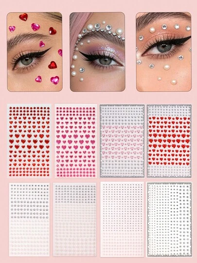 Transparent Pure Shiny Multi-Grain Facial Gems Rhinestone Decor, Rose Red/Pink/Bright Red Heart Shaped, Milky White Pearl Self-Adhesive Facial Gems, Suitable For Eye Corner/Nail/Facial Decoration Sparkle, For Music Festival, Carnival, Valentine's Day, Y2K Style Party, Daily Decoration, Makeup Party, Ball And Other Occasions, Can Be Used For Hair, Eyes, Face, Body Decoration