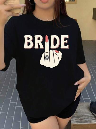 Plus Size, Bride , Wedding Theme Print Tshirt Short Sleeve Crew Neck Casual Top For Summer Spring, Women's Clothing