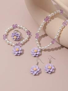 5pcs/Set Girls Flower Beaded Faux Pearl Necklace 1pc Bracelet 1pc Ring 1pair Earrings Jewelry Set - Mauve Purple - View 2