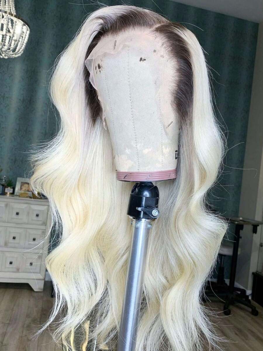 Ombre Platinum Blonde With Dark Root Body Wave 13x4 Hd Lace Frontal Human Hair Wig For Women 180 Density Ombre Colored Water Wave Lace Front Wigs Human Hair Free Parting Holiday Use Glueless Wigs Natural Looking - 根植與漸變 - 查看 1
