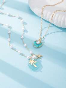 2pcs ABS Pearl Chain & Sea Glass Pendant Necklace Set, Boho Style Ocean Beach Vacation Necklace With Starfish & Shell Charms, Suitable For Beach Party, Bikini Outfit - Multicolor - View 4