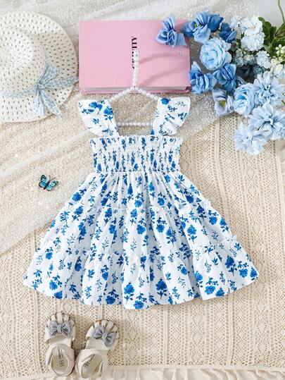 Baby Girls' Blue & White Floral Cap Sleeve Dress, Cinched Waist With Layered Skirt, Fresh And Sweet, Ideal For Girls' Summer Outings And Everyday Wear