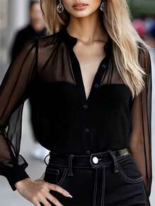 Women's Fashionable Elegant Commuter Shirt, Stand Collar Long Sleeve Shirt, Solid Color Woven Fabric Front Button Closure, Retro Airport, Daily Office Date, Spring/Summer/Autumn Black - Black - View 1