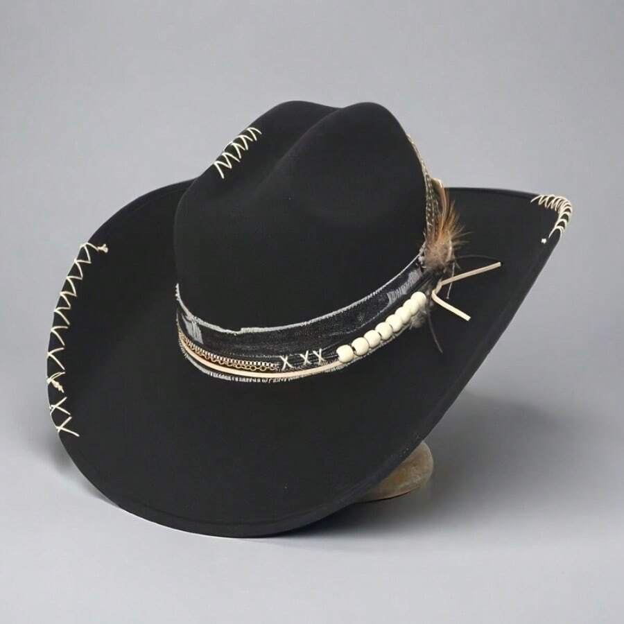 1 Handmade Unisex Autumn/Winter Western Style Cowboy Felt Hat - 黑色 - 查看 1