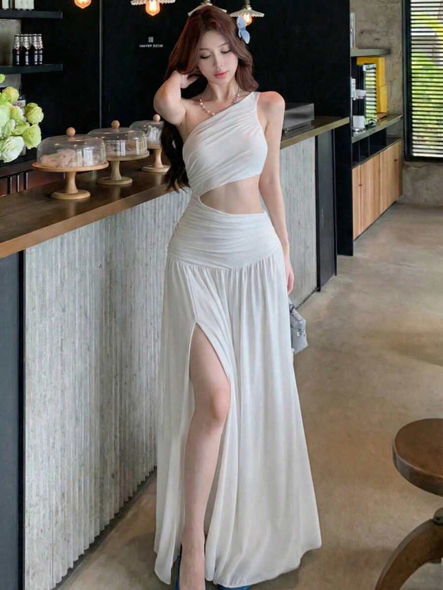 法式优雅白色露肩露腰连衣裙，女士高端夏季沙滩度假长裙 - 白色 - 查看 1