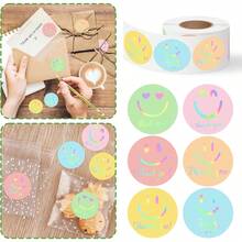 500pcs Holographic Laser Colorful Expression English Thank You Doodle Stickers, 1 Inch Round, 6 Colors, Scrapbook DIY Decoration Tape, Greeting Cards, Envelopes, Cards, Gift Wrapping, Perfect For Daily And Holiday Party, PVC Self-Adhesive Stickers - 500 Laser Thank-you Stickers - View 2